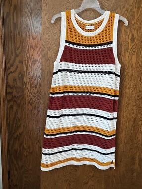 Nine West Crochet Stripe Tank Dress - White, Maroon & Mustard